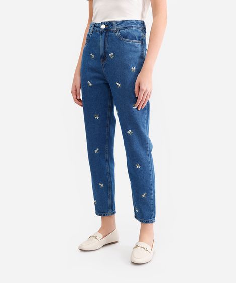 calça mom feminina jeans com bordado floral azul