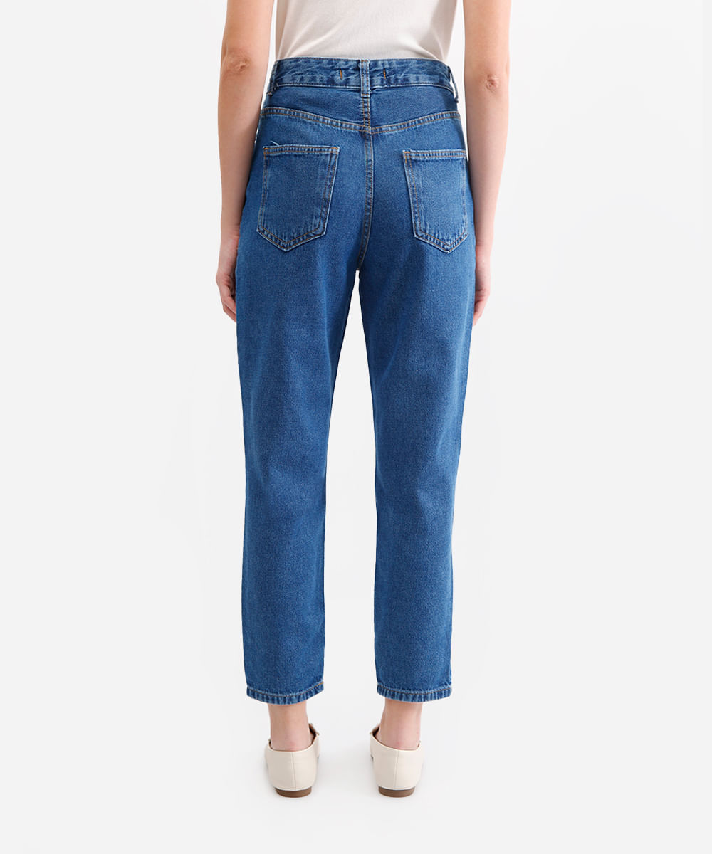calça mom feminina jeans com bordado floral azul