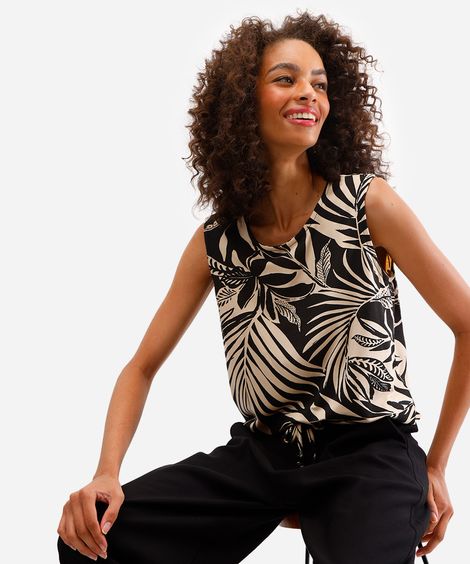 regata feminina de viscose folhagem preta