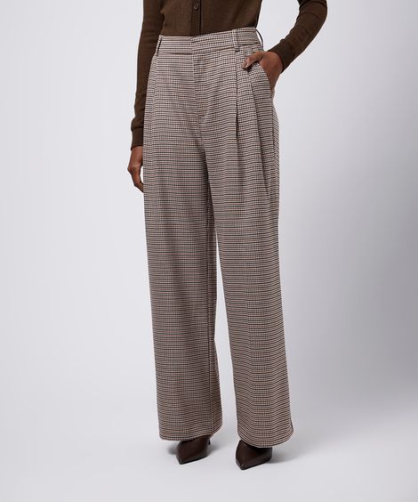 calça wide leg feminina de alfaiataria xadrez mindset bege