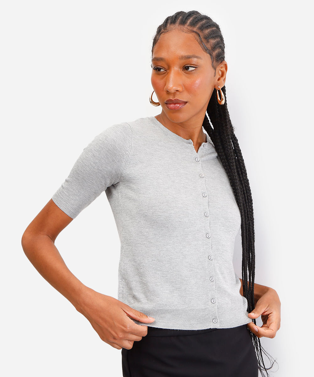 blusa feminina de tricot decote redondo cinza