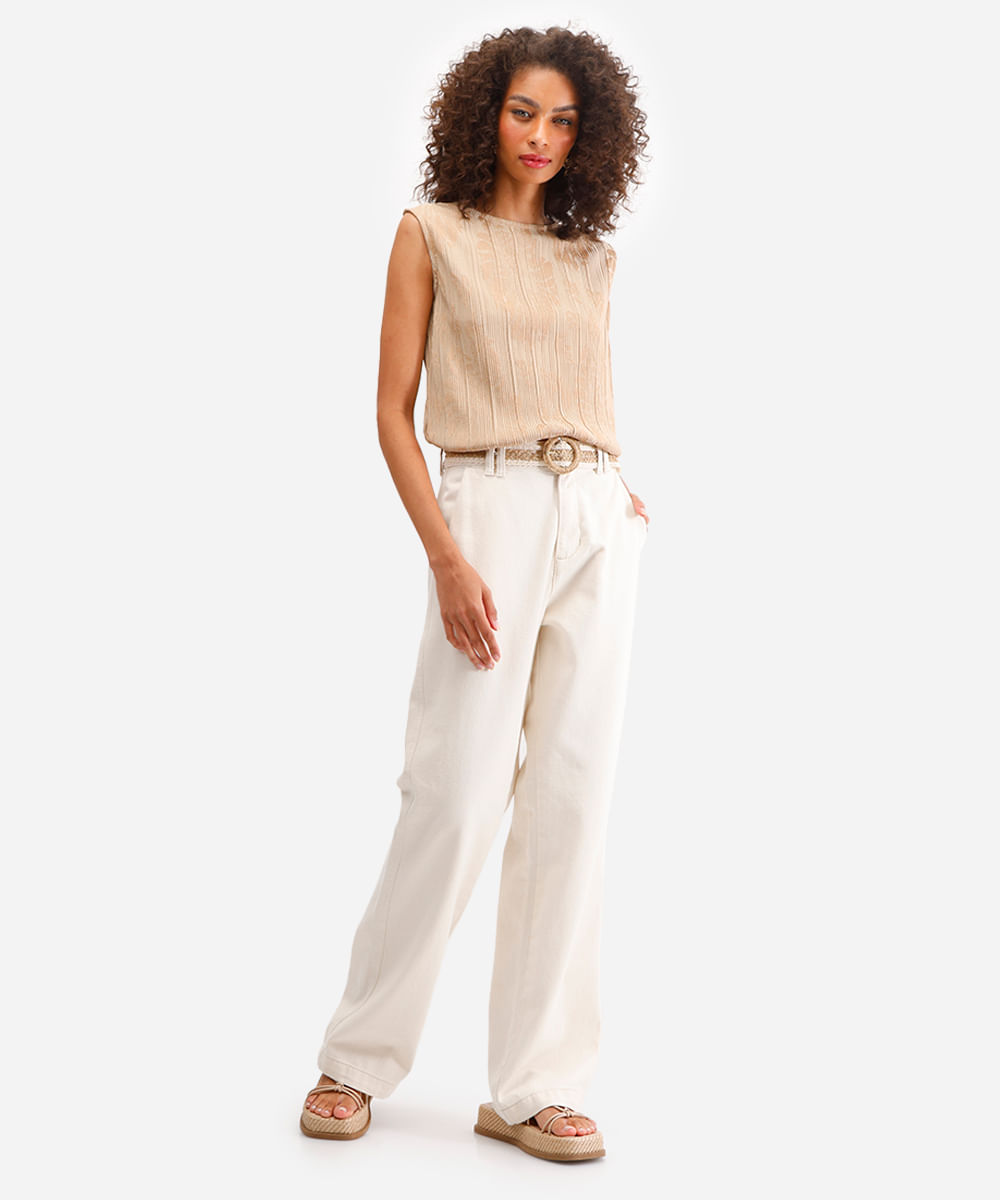 regata feminina floral texturizada com fendas bege