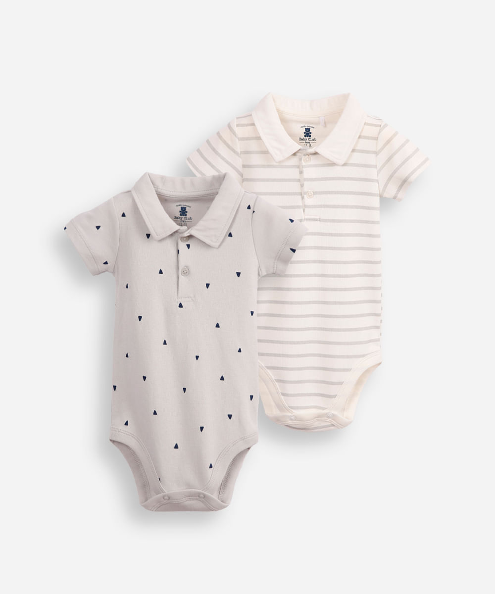 kit de 2 bodies polo infantis de algodão estampado colorido