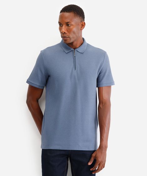 polo em piquet com zíper manga curta azul