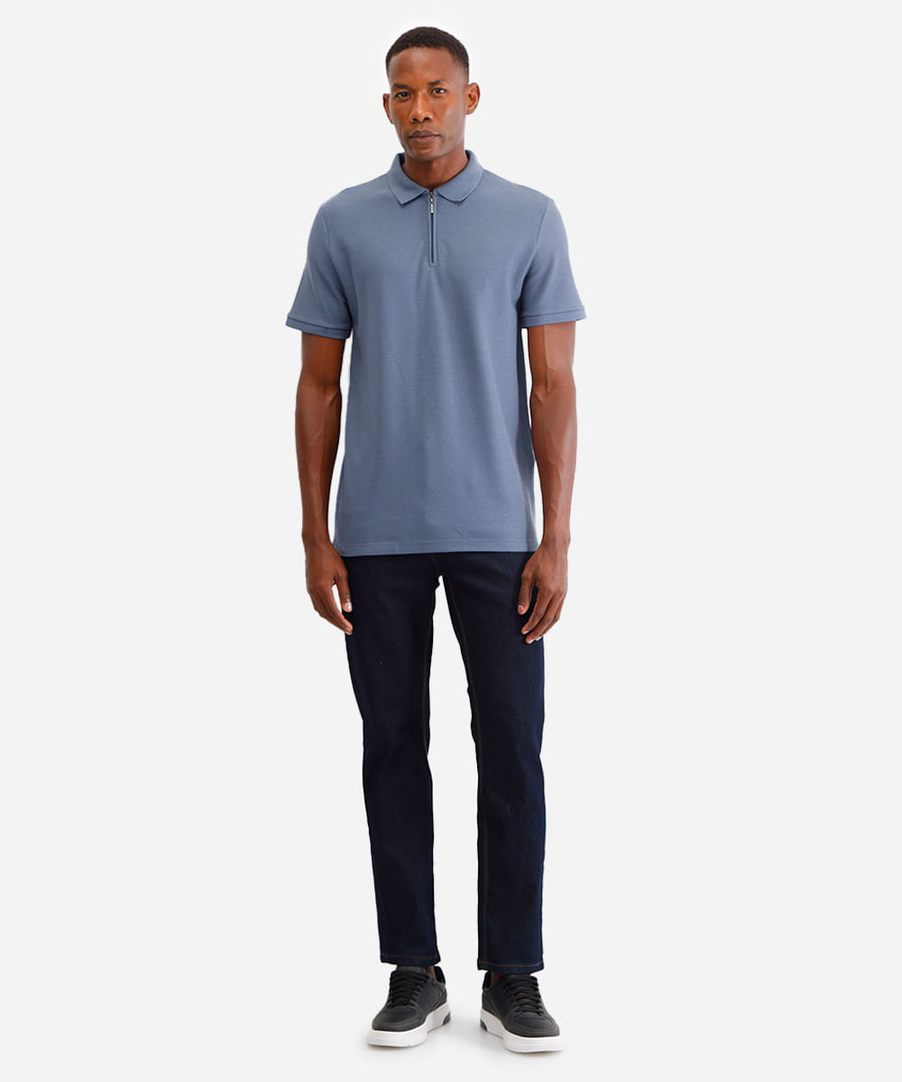 polo em piquet com zíper manga curta azul