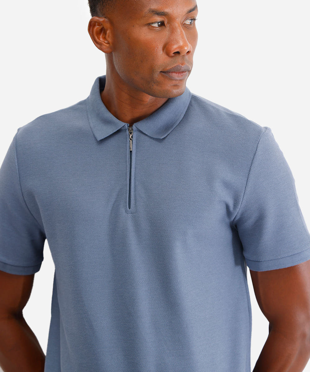 polo em piquet com zíper manga curta azul