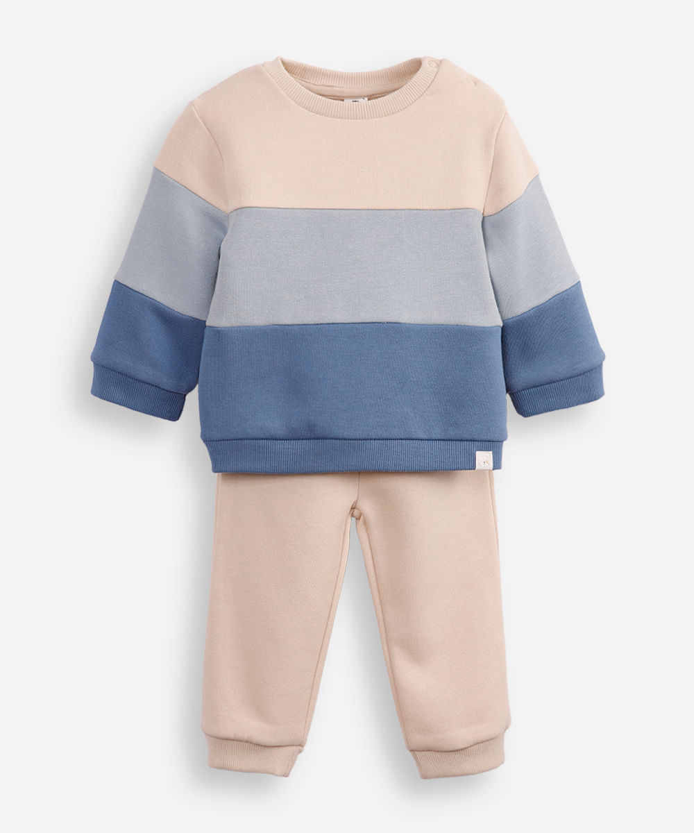 conjunto infantil longo de moletom listrado azul
