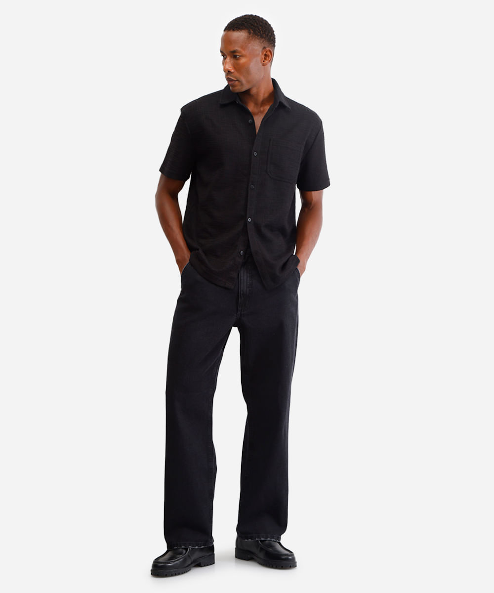 camisa masculina manga curta texturizada preta