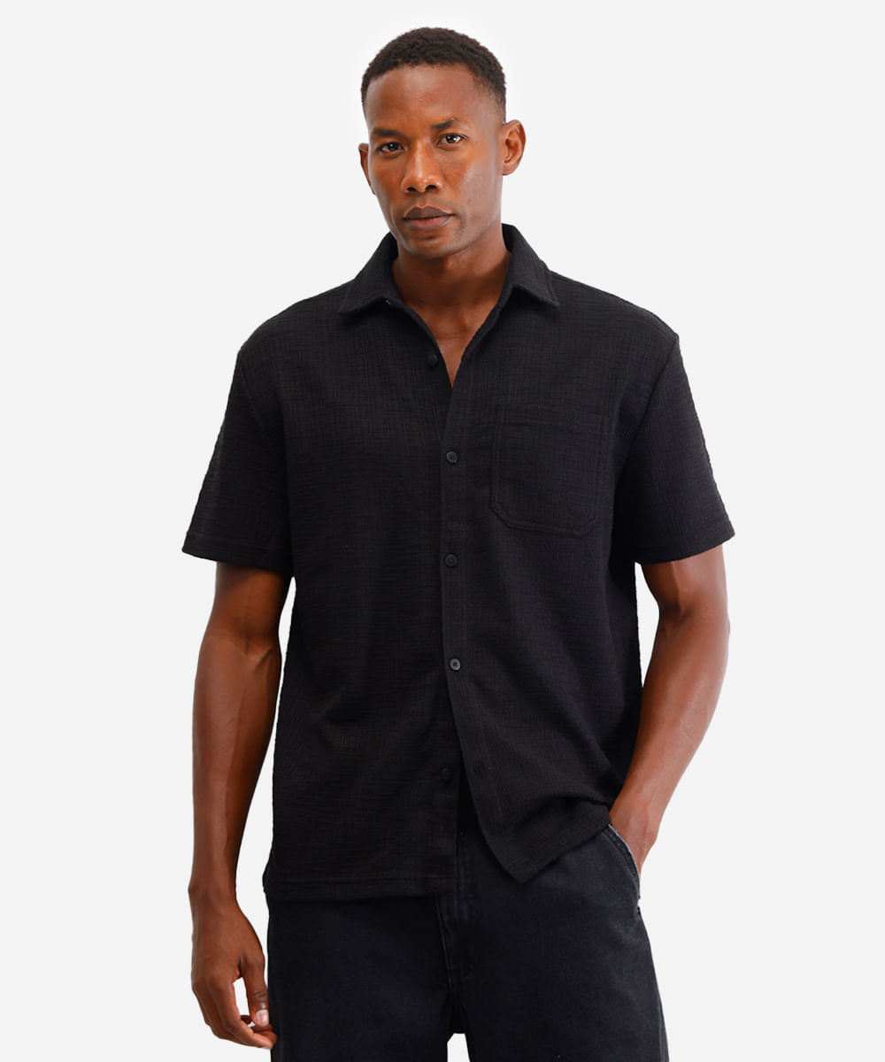 camisa masculina manga curta texturizada preta