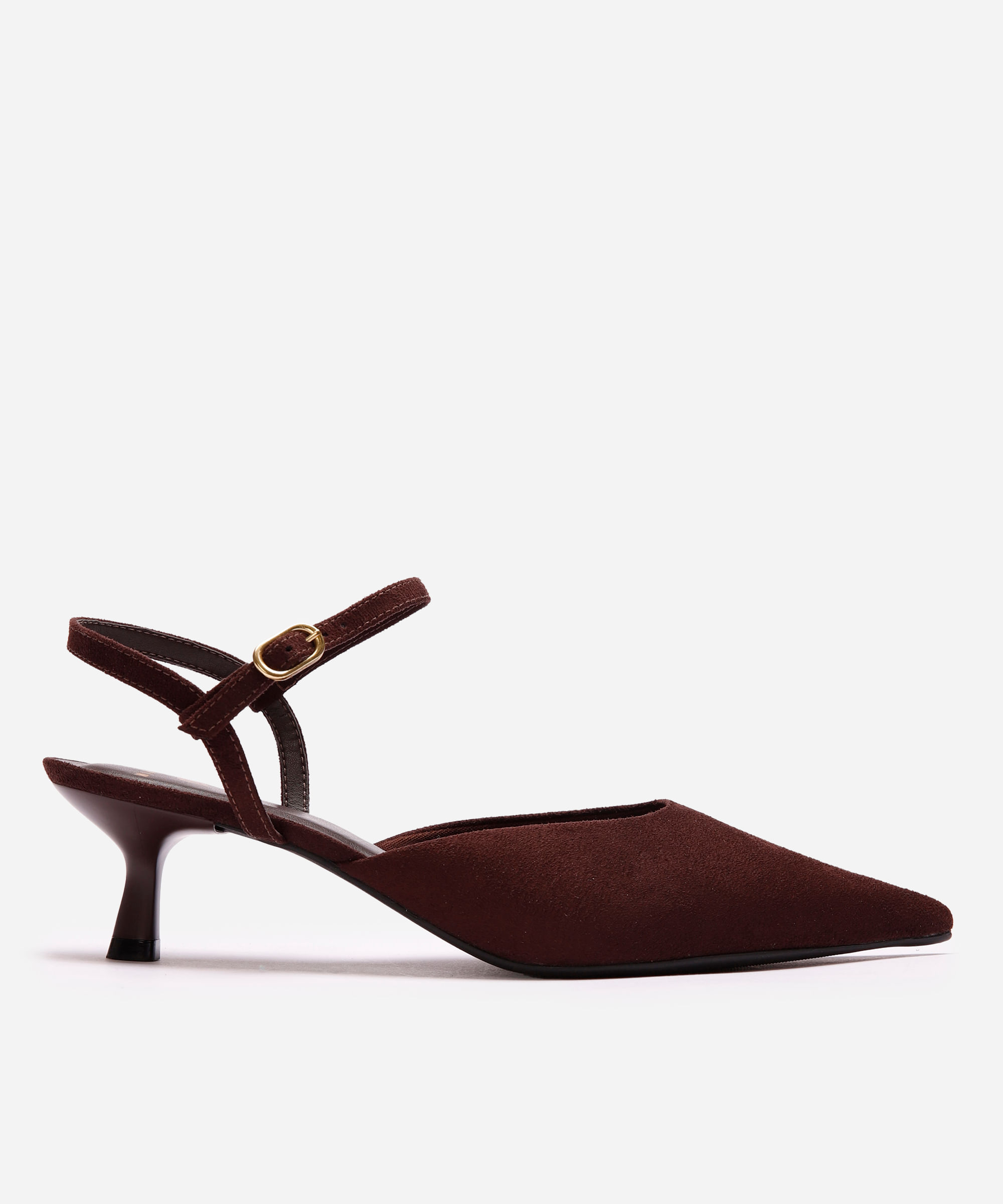 scarpin bico fino salto baixo mindset marrom
