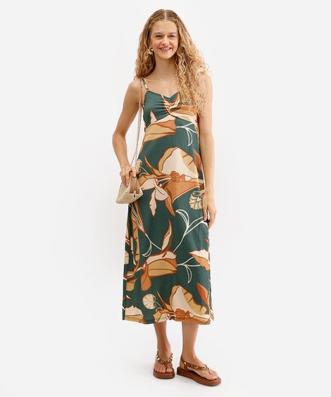 vestido midi feminino animal floral texturizado verde