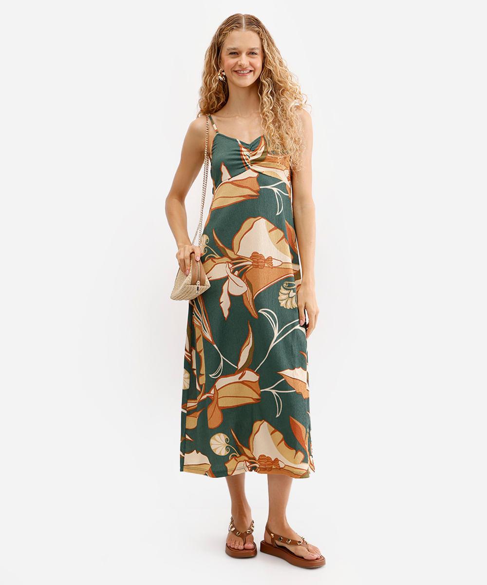 vestido midi feminino animal floral texturizado verde