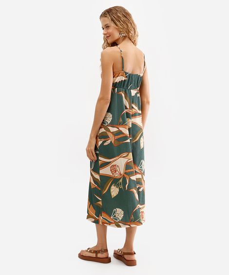vestido midi feminino animal floral texturizado verde