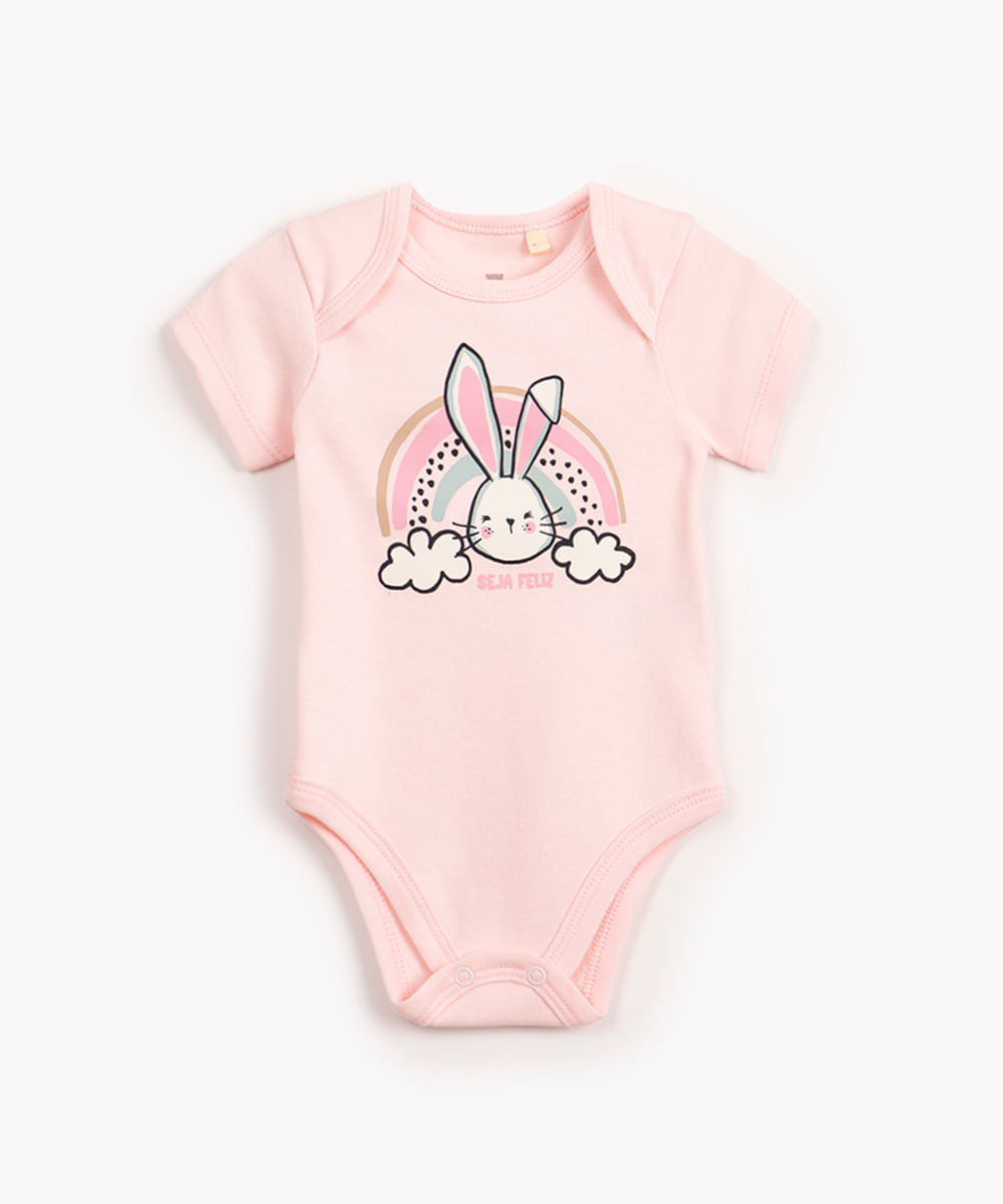 body de algodão infantil coelho manga curta rosa