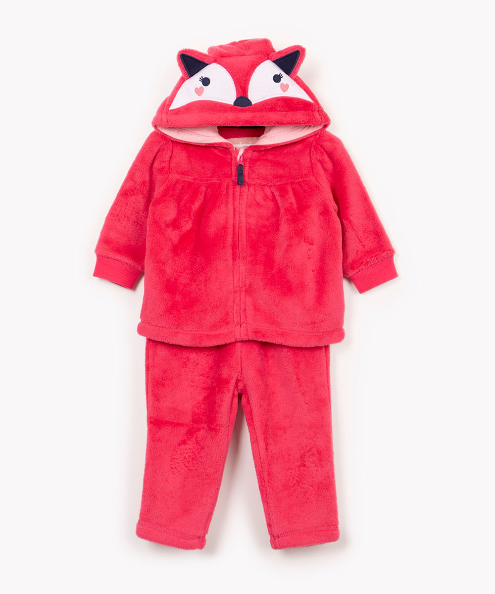 conjunto de pelúcia infantil gatinha com capuz rosa escuro