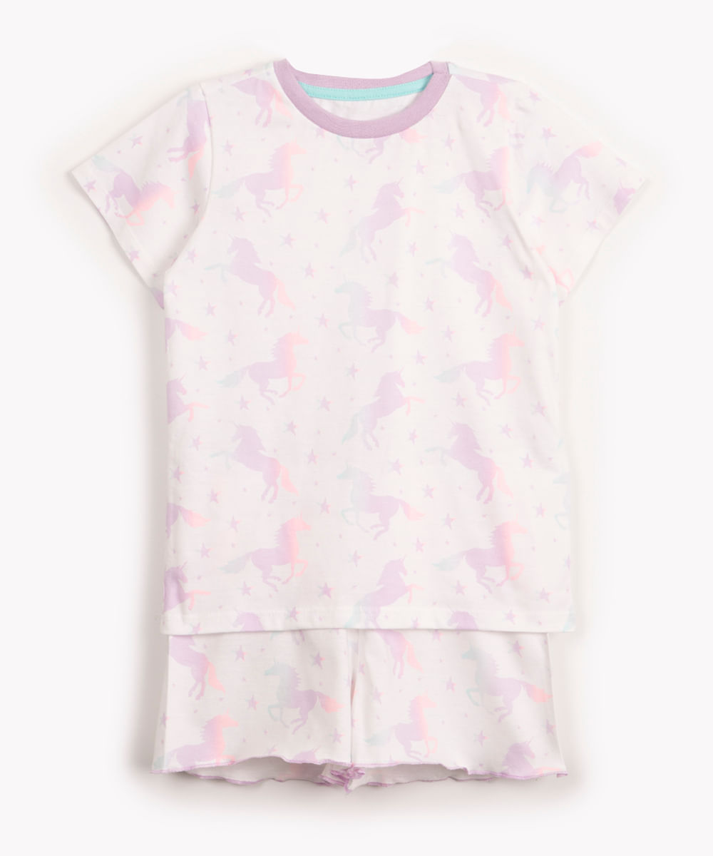 pijama de algodão infantil unicórnio manga curta off white