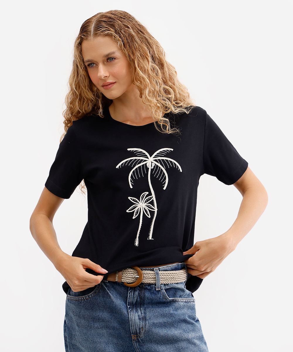 blusa feminina de algodão com bordado preta