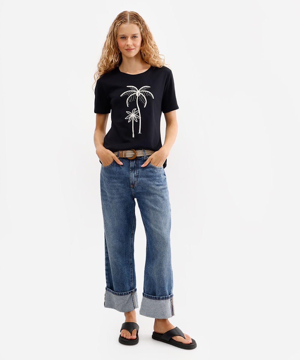 blusa feminina de algodão com bordado preta