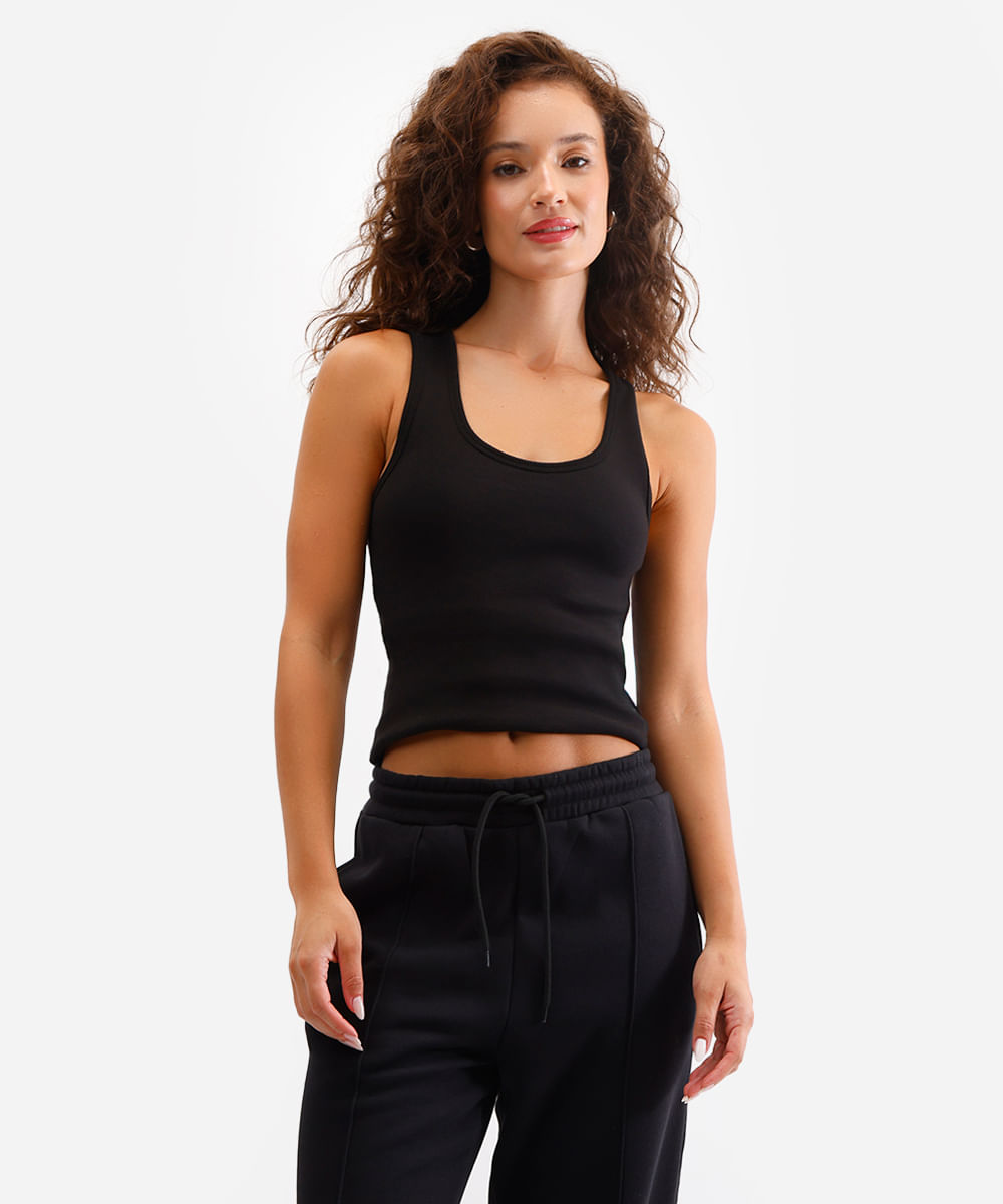 regata básica feminina de algodão decote redondo preta