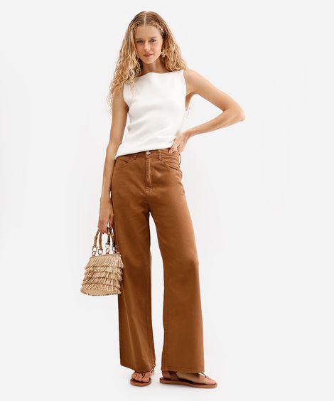 calça wide leg feminina de sarja marrom