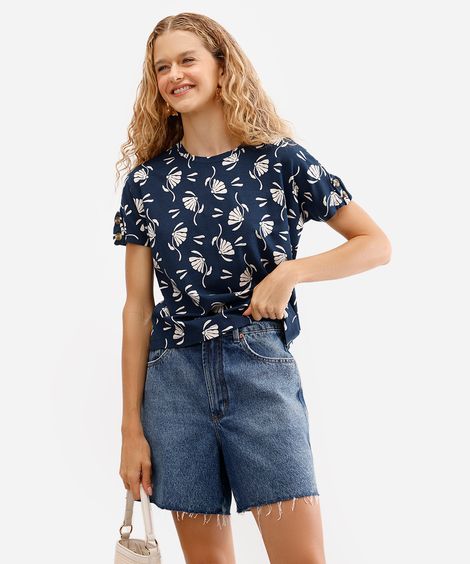 blusa feminina de viscose manga curta floral azul