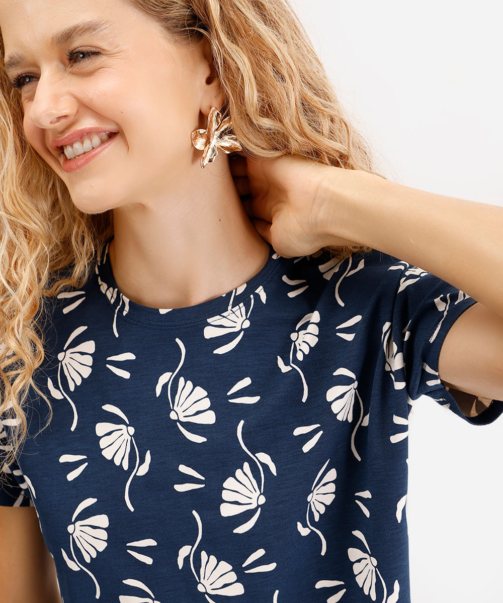 blusa feminina de viscose manga curta floral azul