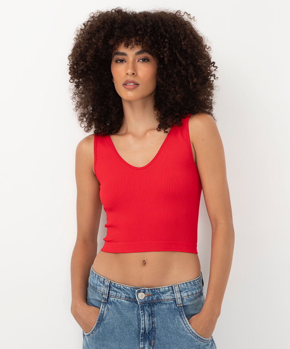 cropped básico canelado alça média decote v vermelho