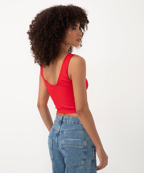 cropped básico canelado alça média decote v vermelho