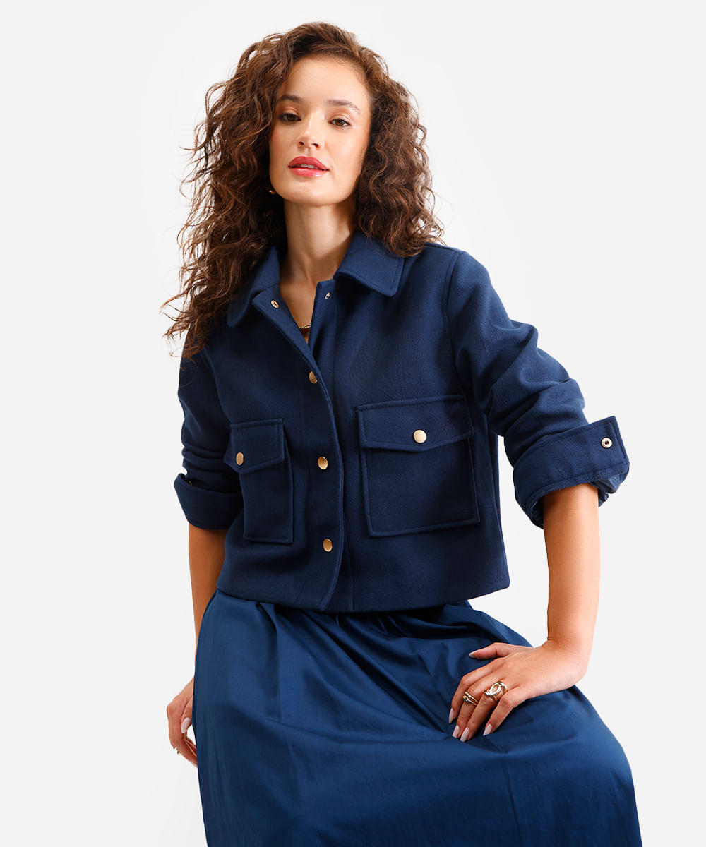 jaqueta feminina texturizada manga longa azul