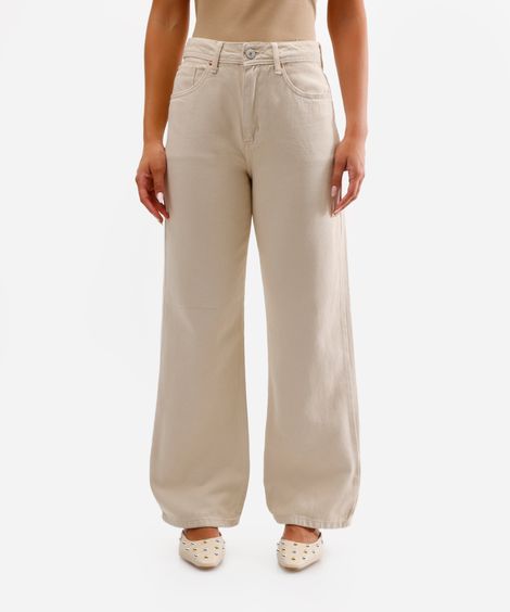 calça wide leg feminina de sarja cintura alta bege