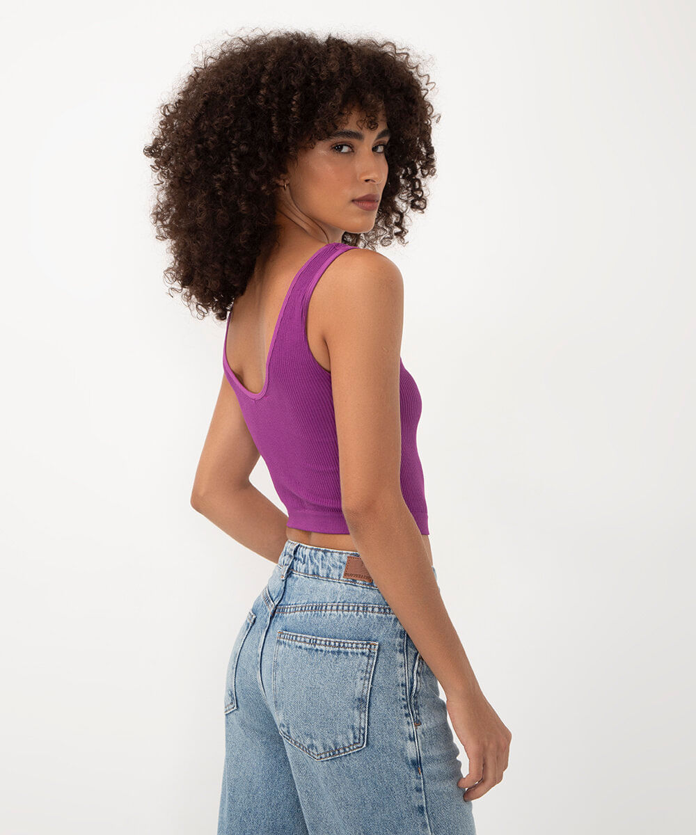 cropped básico canelado alça média decote v roxo