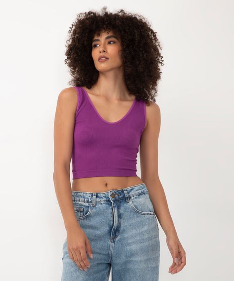 cropped básico canelado alça média decote v roxo