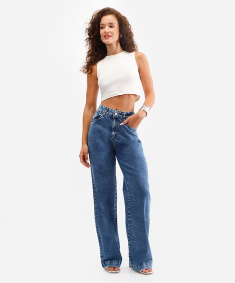 calça wide leg feminina jeans sawary azul