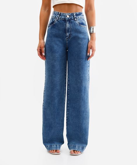 calça wide leg feminina jeans sawary azul