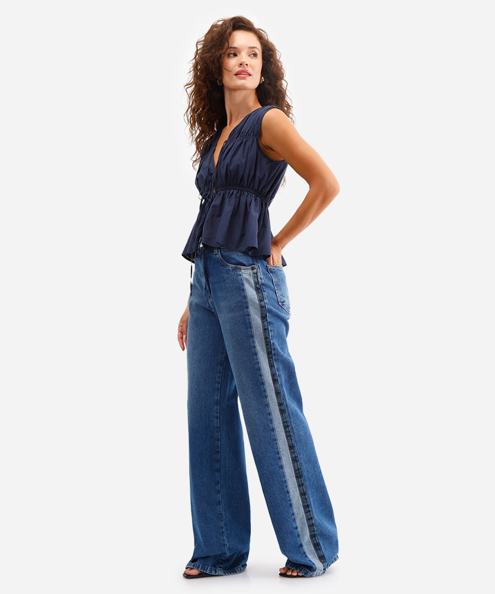calça wide leg feminina jeans com recortes sawary azul