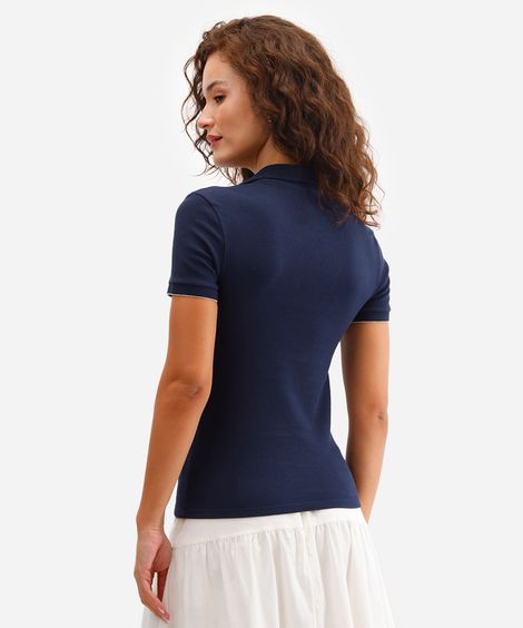 polo feminina manga curta canelada azul