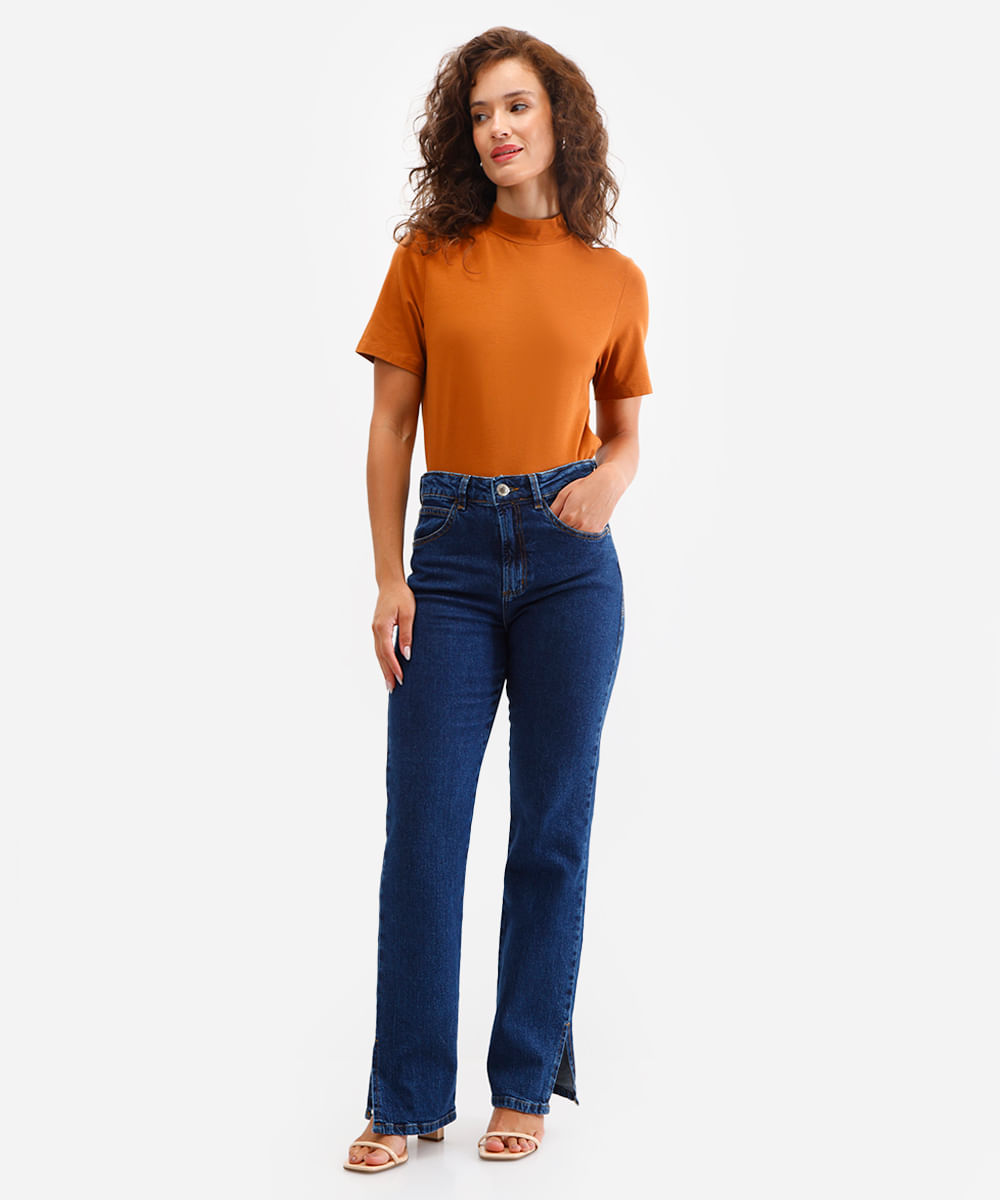 calça reta feminina jeans com fendas azul