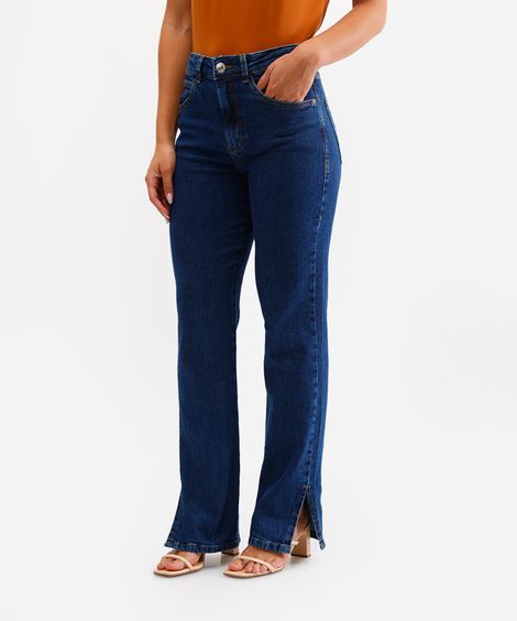 calça reta feminina jeans com fendas azul