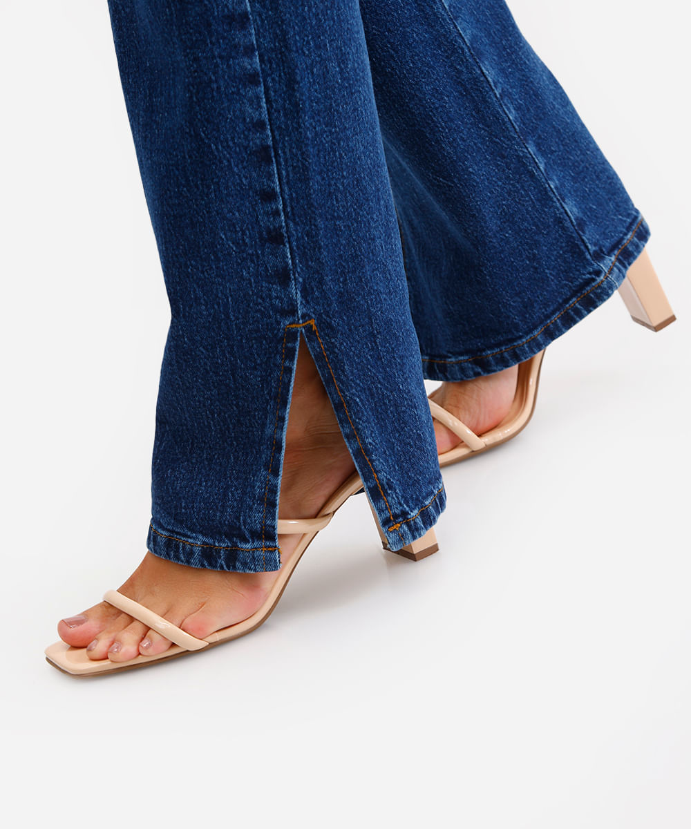 calça reta feminina jeans com fendas azul