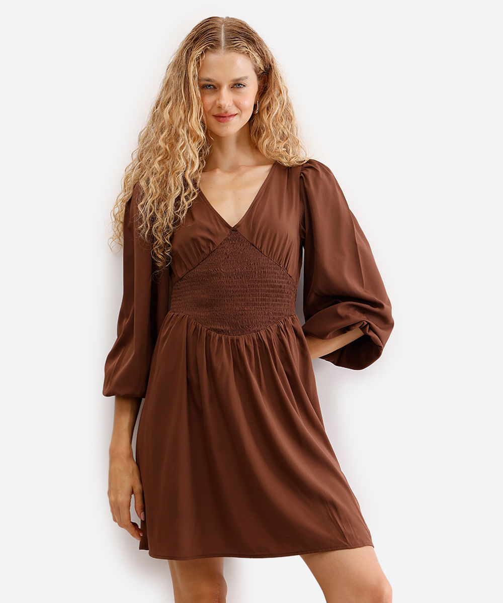 Vestido Curto Feminino Manga Bufante com Lastex Marrom
