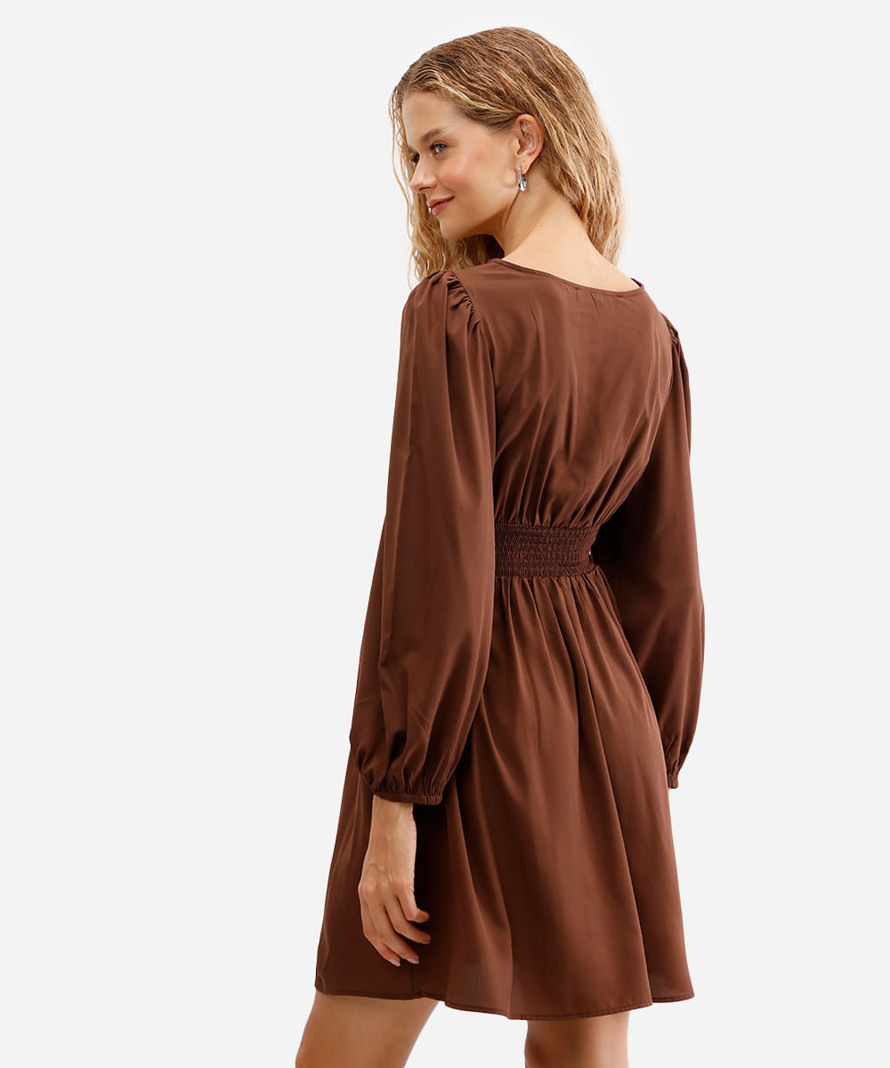 vestido curto feminino manga bufante com lastex marrom