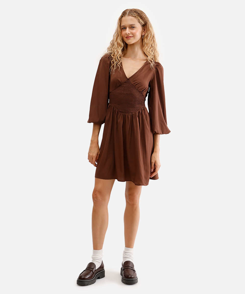 vestido curto feminino manga bufante com lastex marrom