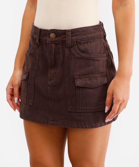 short saia cargo feminino de sarja marrom