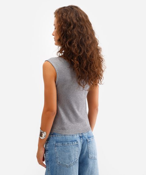 regata feminina de tricot com lurex prateada
