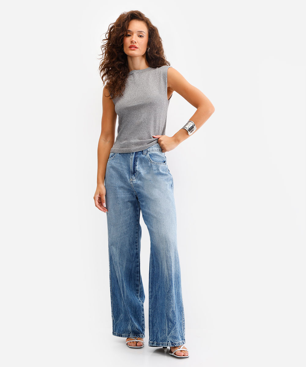 regata feminina de tricot com lurex prateada