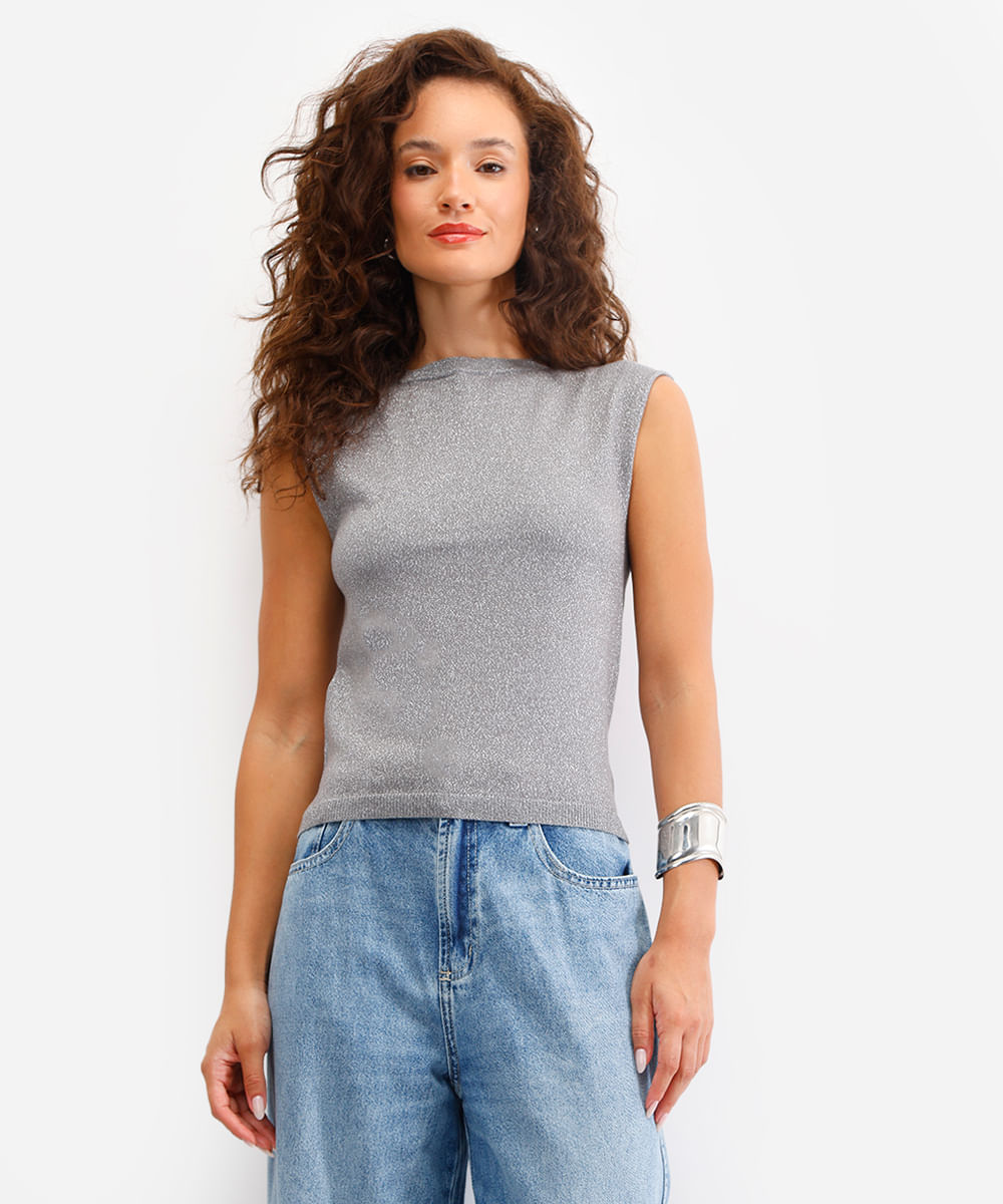 regata feminina de tricot com lurex prateada