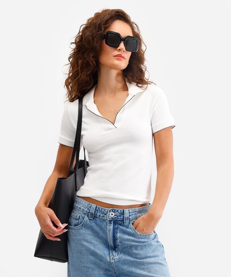 polo feminina manga curta canelada off white