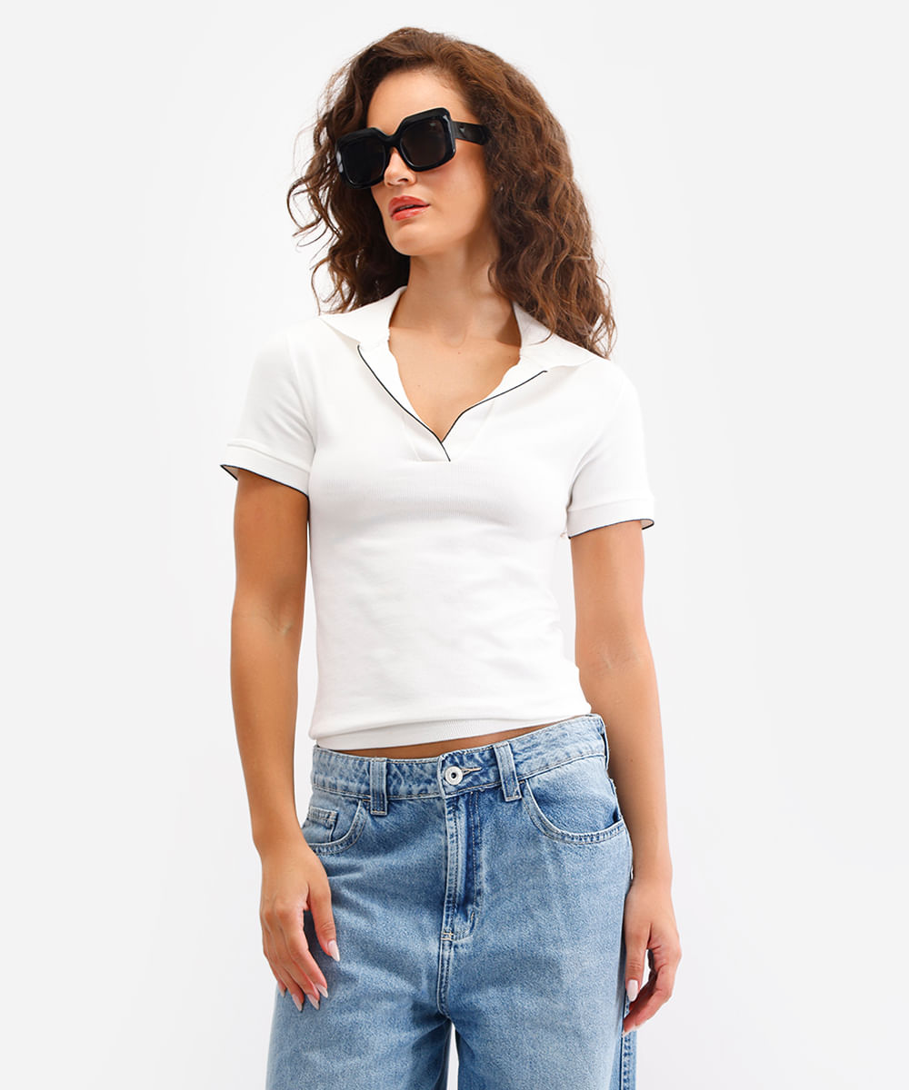 polo feminina manga curta canelada off white