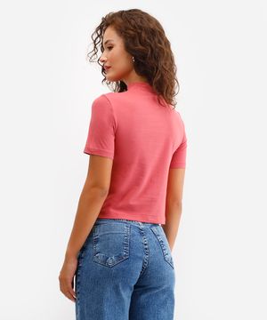 cropped de algodão peruano gola rolê manga curta rosa