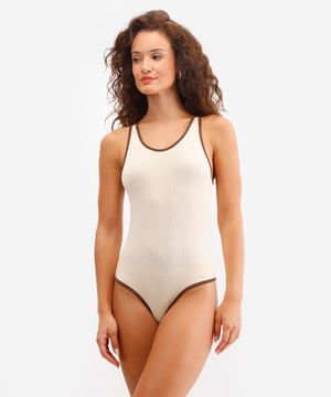 body feminino de poliamida canelado bege